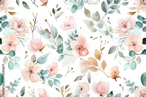 A delicate watercolor floral seamless pattern with blush pink blossoms and sage green foliage.