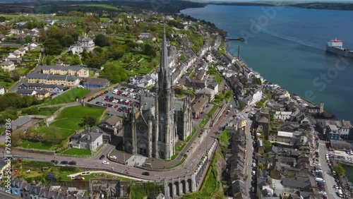 drone flying over St Colman's Cathedral in Cobh, Ireland