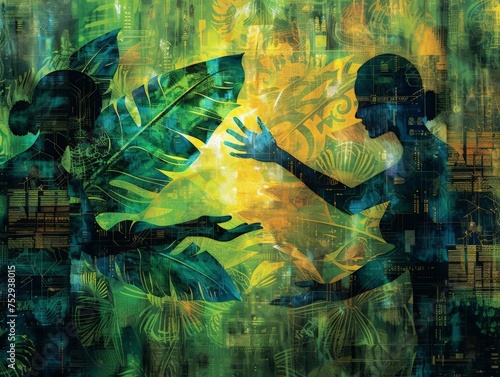 Abstract Unity Two Figures Holding Hands Against Green and Yellow Background, Symbolizing Connection and Harmony