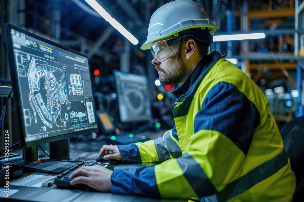 Male engineer wearing reflective clothing and white safety helmet, working with operating a PC, Designing, inspecting, and controlling machinery in automobile factories Male engineer wearing reflective clothing and white safety helmet, working with operating a PC, Designing, inspecting, and controlling machinery in automobile factories