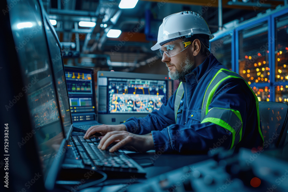 © Attasit - Male engineer wearing reflective clothing and white safety helmet, working with operating a PC, Designing, inspecting, and controlling machinery in automobile factories © Attasit - Male engineer wearing reflective clothing and white safety helmet, working with operating a PC, Designing, inspecting, and controlling machinery in automobile factories
