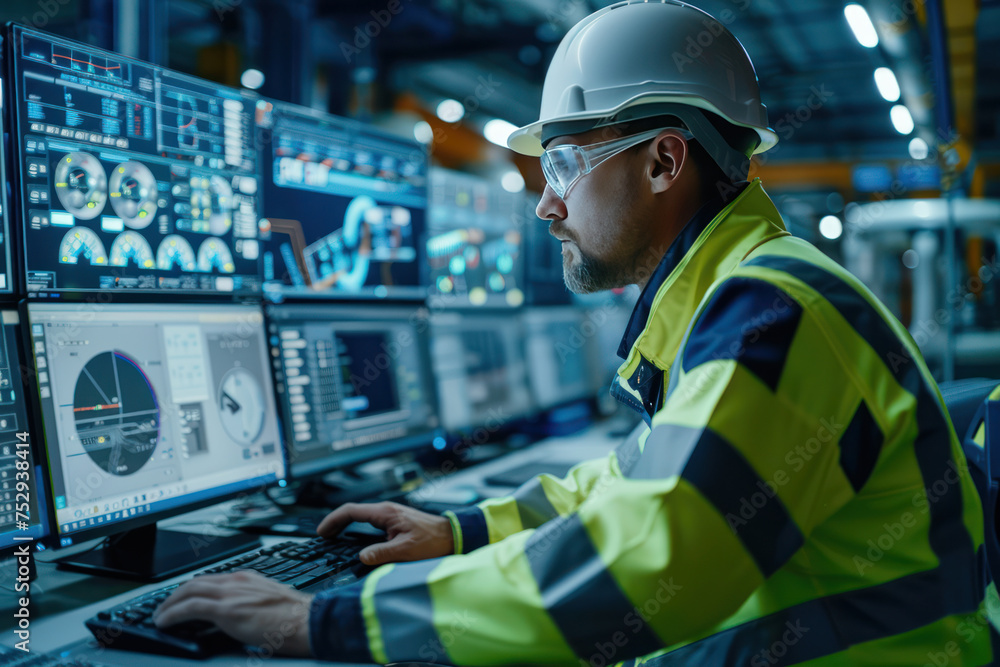 Male engineer wearing reflective clothing and white safety helmet, working with operating a PC, Designing, inspecting, and controlling machinery in automobile factories Male engineer wearing reflective clothing and white safety helmet, working with operating a PC, Designing, inspecting, and controlling machinery in automobile factories