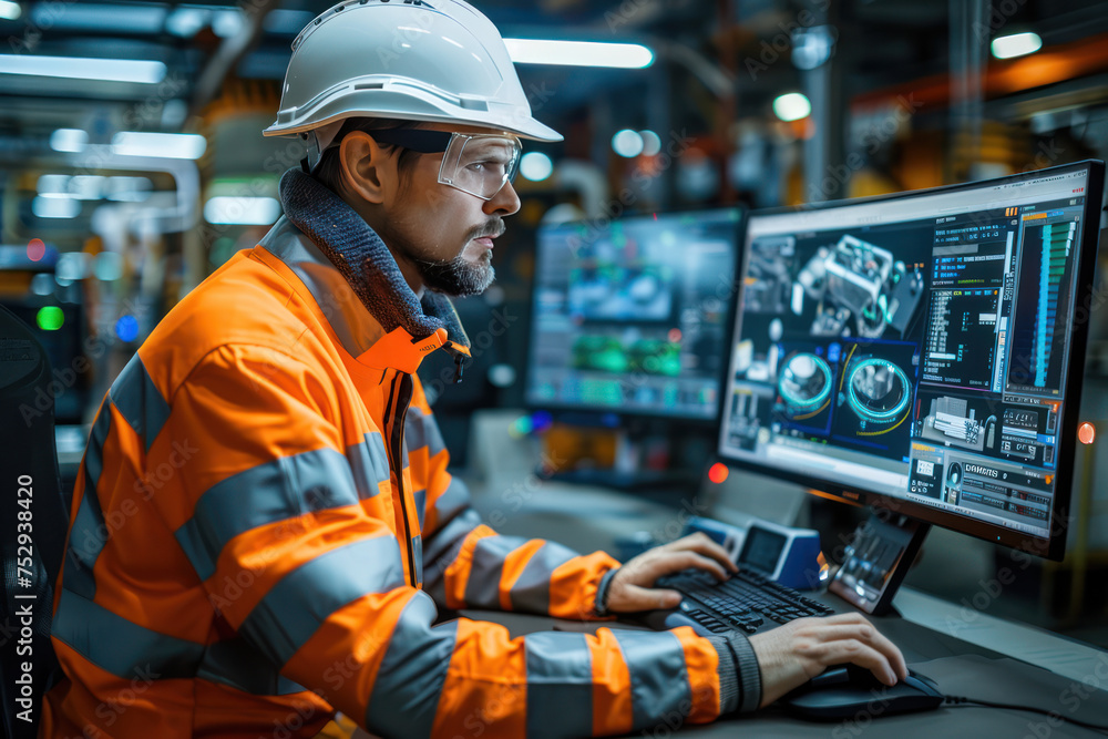 Male engineer wearing reflective clothing and white safety helmet, working with operating a PC, Designing, inspecting, and controlling machinery in automobile factories Male engineer wearing reflective clothing and white safety helmet, working with operating a PC, Designing, inspecting, and controlling machinery in automobile factories