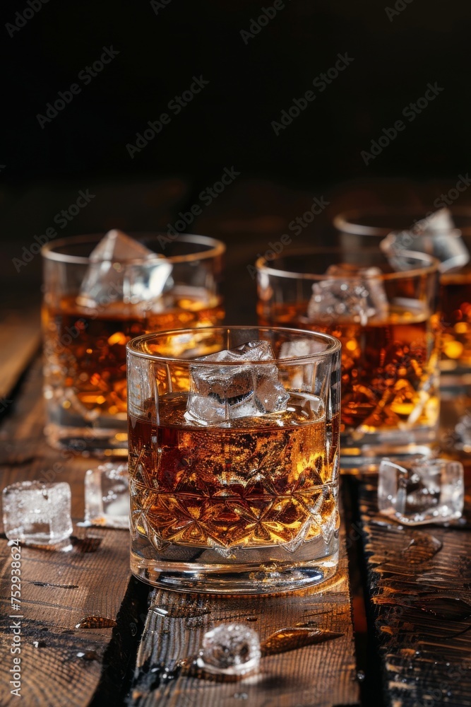 Elegant whiskey glasses with ice on a dark wooden background Elegant whiskey glasses with ice on a dark wooden background
