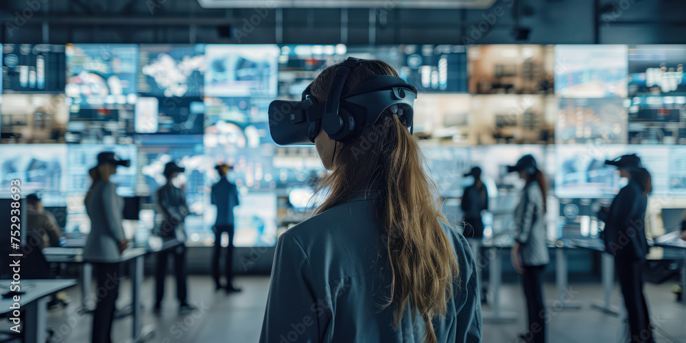 Professionals engaged in a complex, showing a virtual reality training simulation interactive learning environment Professionals engaged in a complex, showing a virtual reality training simulation interactive learning environment