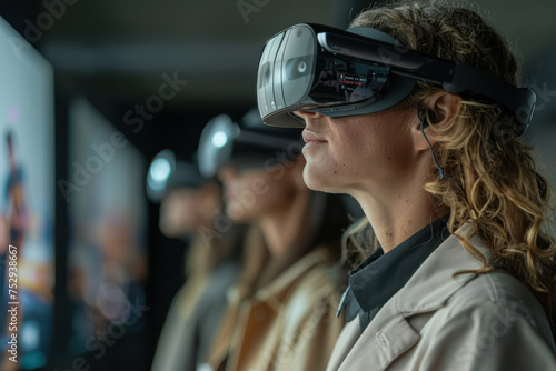 Professionals engaged in a complex, showing a virtual reality training simulation interactive learning environment