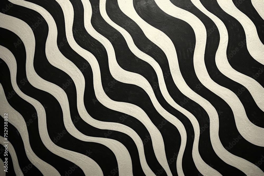 Monochrome striped wall with zebra pattern created by wavy lines, abstract black and white background design concept