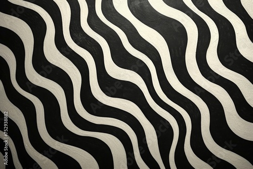 Monochrome striped wall with zebra pattern created by wavy lines  abstract black and white background design concept