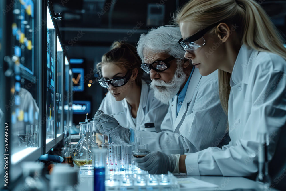 Scientists at work in Modern laboratories and a new visual element appears on the screen