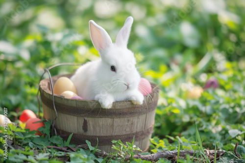 little white bunny in a basket with colorful eggs for easter on green meadow on background, easter card, generative AI photo