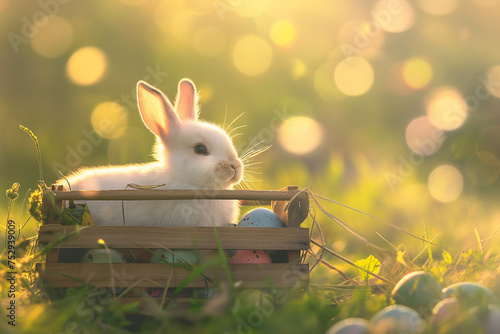 little white bunny in a basket with colorful eggs for easter on green meadow on background, easter card, generative AI photo