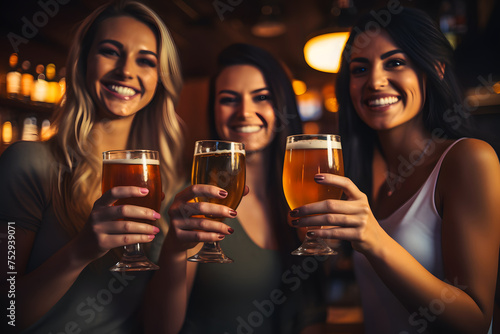 Young beautiful girls drink and have fun in a bar holding glasses of beer. Celebrating a holiday with alcohol in a noisy public place, night club.