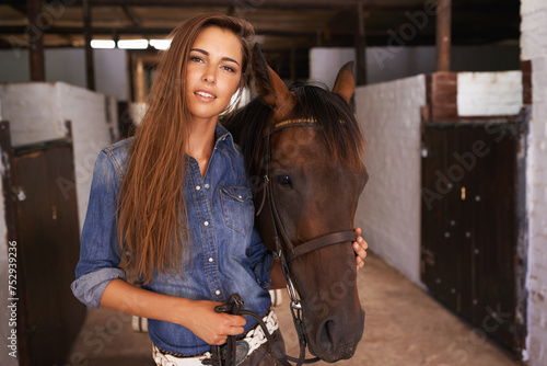 Cowgirl, portrait and woman with horse at barn or stable in Texas for recreation. Western, animal and face of person at ranch with pet, livestock or stallion for hobby with care at equestrian farm