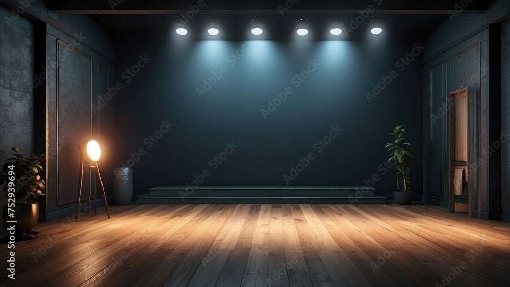 Empty studio room. Dark background. Abstract dark empty studio room texture. Product showcase spotlight background.