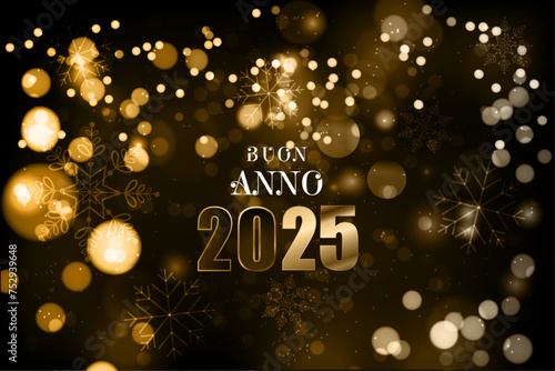 biglietto o banner per augurare un felice anno nuovo 2025 in oro bianco e nero su sfondo nero con cerchi color oro e fiocchi di neve con effetto bokeh photo
