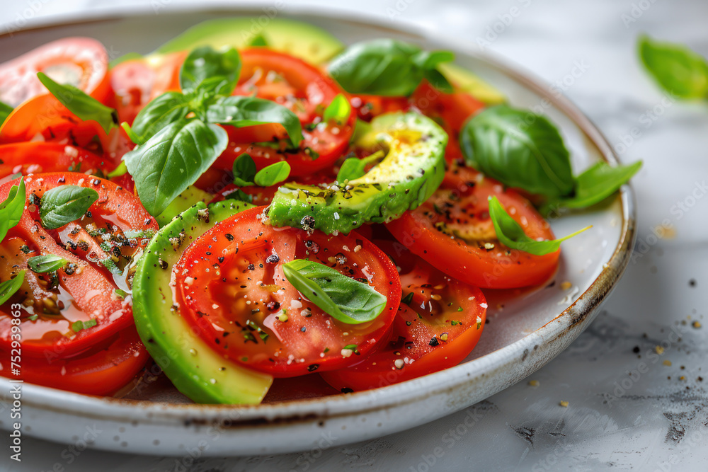 Tomato Avocado Salad in plate on a white stone background Tomato Avocado Salad in plate on a white stone background