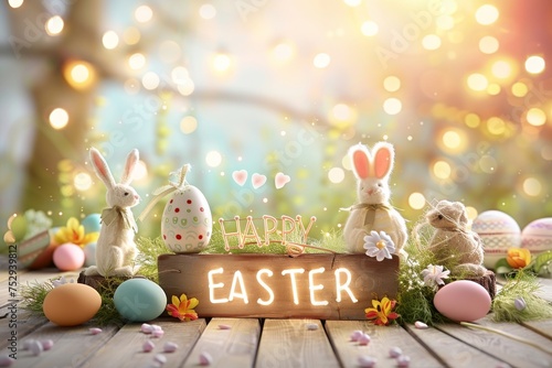Colorful Easter Egg Basket easter eggs. Happy easter Whimsical Wonders bunny. 3d easter parade hare rabbit illustration. Cute Colorful designs festive card Eggshell cracking copy space wallpaper