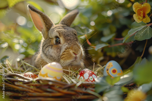 Close-up of a Bunny with Easter Eggs in Nest