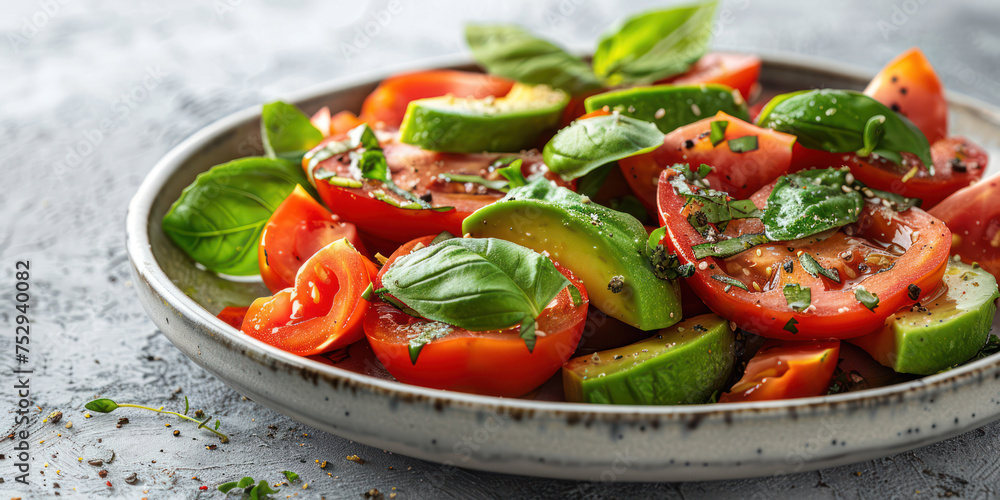 Tomato Avocado Salad in plate on a white stone background Tomato Avocado Salad in plate on a white stone background