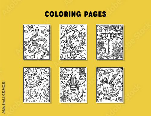 Children Coloring book. Hand drawn coloring for kids with animals. Beautiful simple drawings with patterns. Coloring book pictures. Preschool, kindergarten education. Children activities sheets.