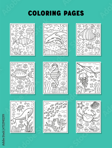 Children Coloring book. Hand drawn coloring pages for kids with sea animals, fish. Beautiful simple drawings with patterns. Preschool, kindergarten education. Children activities sheets
