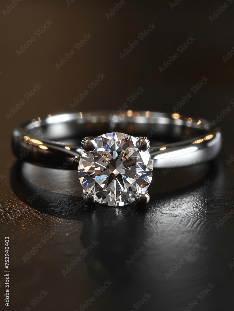 Silver diamond ring. Jewelry. Product shoot, macro shot, silver ring with diamond on shiny dark surface. Dark background. Silver diamond ring. Jewelry. Product shoot, macro shot, silver ring with diamond on shiny dark surface. Dark background.