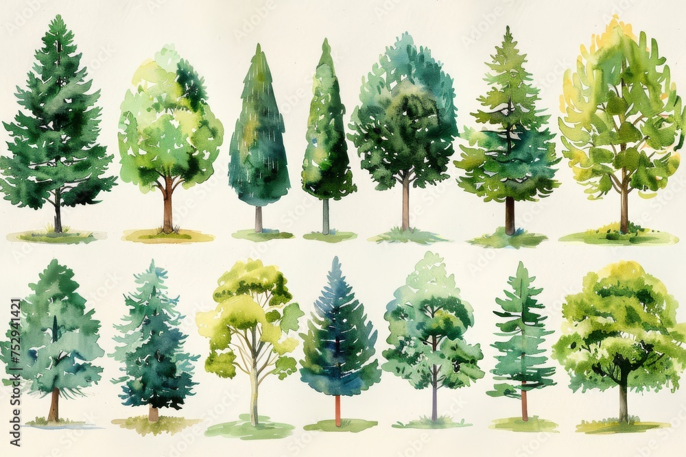 Fototapeta premium Watercolor painted various tree collection. An array of watercolor trees showcasing different species and styles, perfect for design or educational purposes, capturing the essence of flora