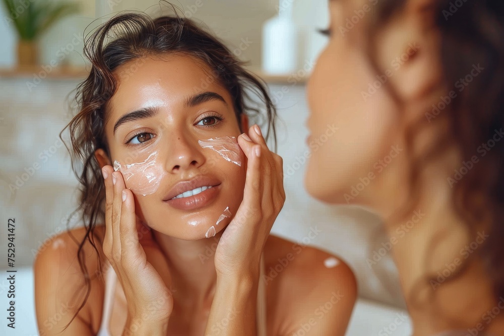 A relaxed young woman with beauty cream applied to her face, emphasizing a personal skincare ritual A relaxed young woman with beauty cream applied to her face, emphasizing a personal skincare ritual