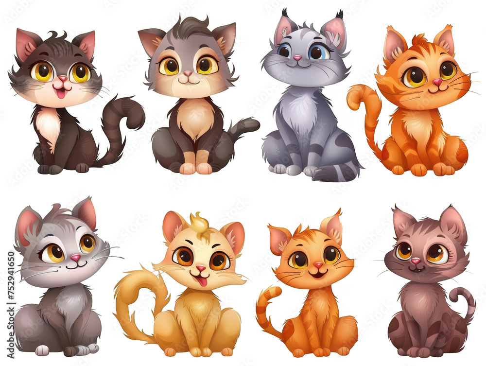 Collection of playful cartoon kittens in various colors and poses, perfect for pet illustrations, children's content, or animated projects. Collection of playful cartoon kittens in various colors and poses, perfect for pet illustrations, children's content, or animated projects.
