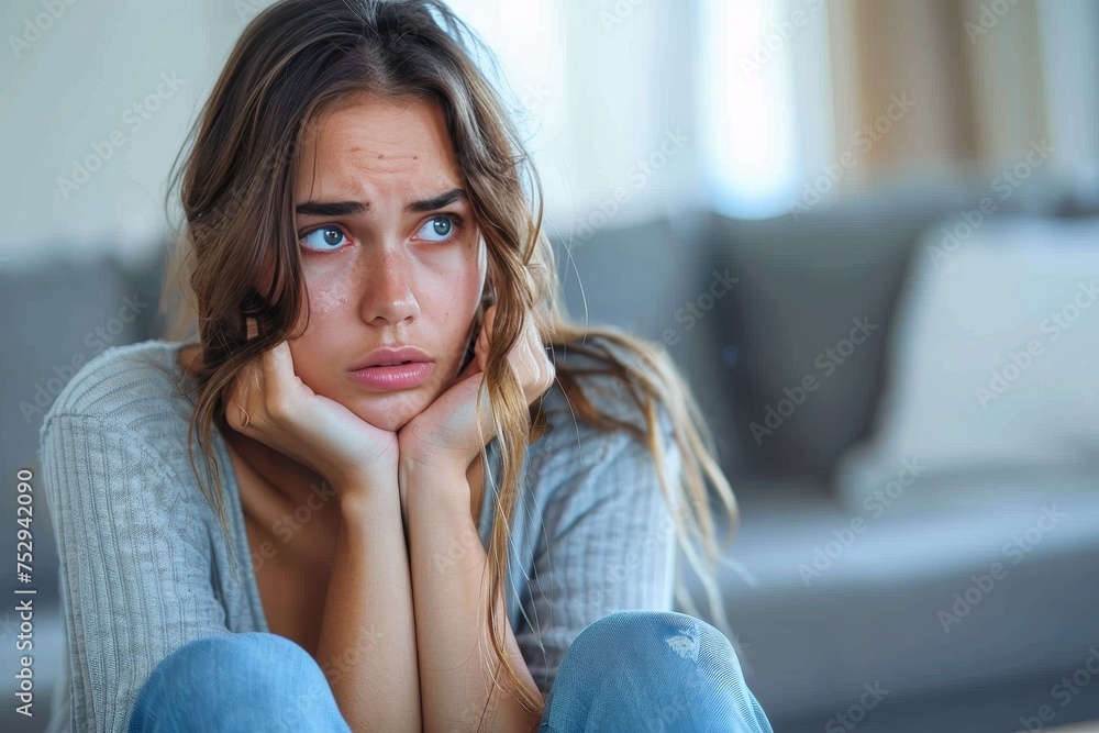 A young woman looking distressed and upset, sitting on a wooden floor with a blurred background A young woman looking distressed and upset, sitting on a wooden floor with a blurred background