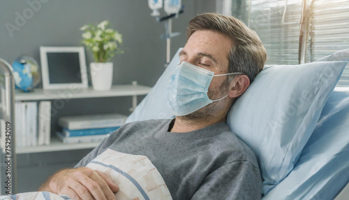 Sick person lying in hospital bed wearin a face mask  photo