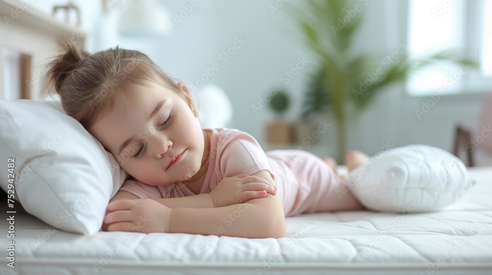 Fototapeta premium Peaceful child sleeping, cozy bedroom, serene, soft light, naptime, innocence, comfortable, tranquil, home, well-being.
