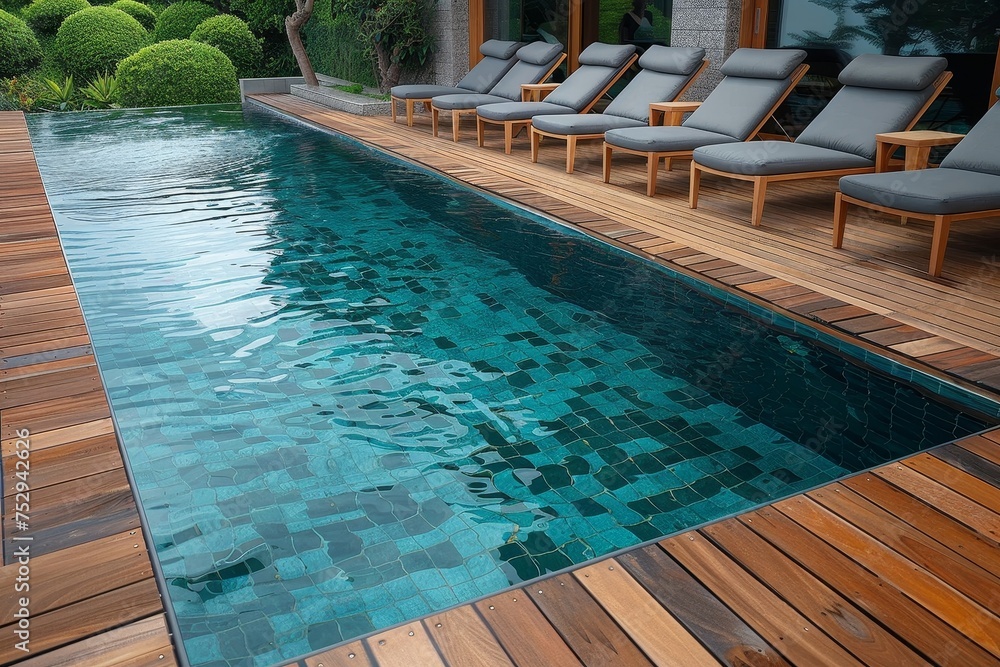 Obraz premium A luxurious home's sophisticated swimming pool with sun loungers, capturing modern living elegance