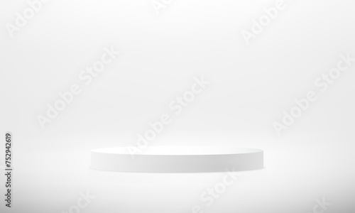White cylinder pedestal podium. Space for selling products on the website. Template mock up for display of product. Business backdrop. Stage for showcase. Vector illustration.