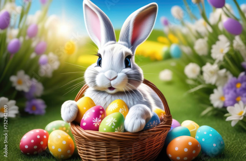 Cute Easter bunny with colorful easter eggs in basket on green grass with flowers background