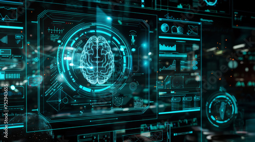 Dark 3d futuristic model of human brain, neurology healthcare concept. Scientific research and data. Generative AI