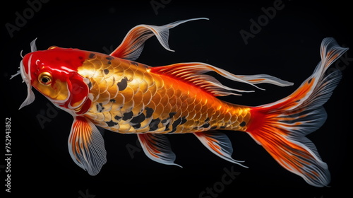 Orange red koi fish on a black background. AI Generative.