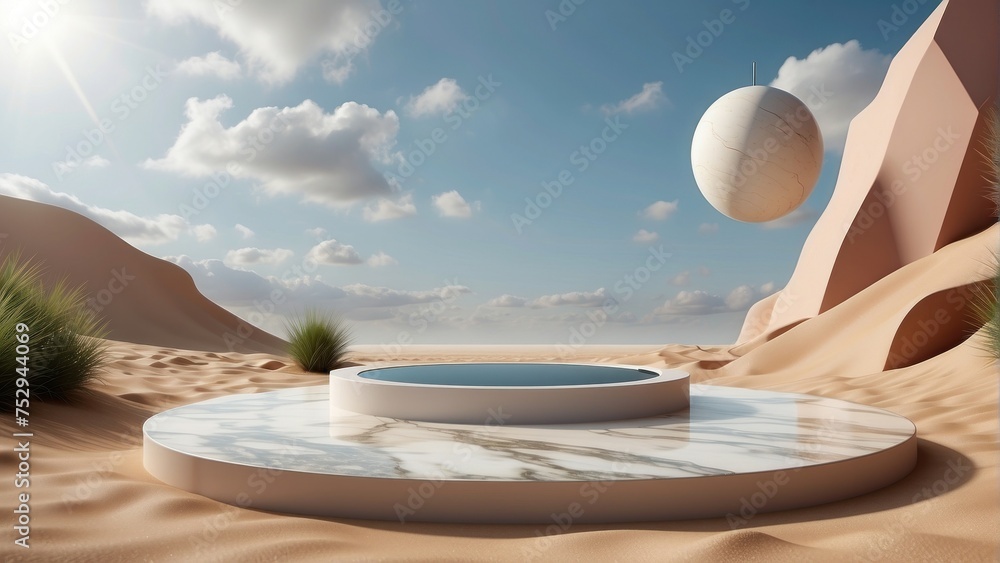 Podium for packaging or cosmetics presentation. Minimal mockup background with marble product podium and geometric abstract stone shapes, sand dunes with water and cloudy sky.