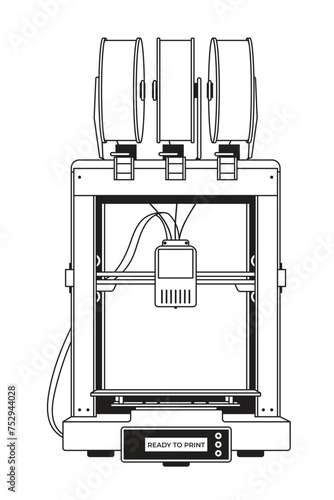 3d printer machine with filament spools in black and white isolated on white background. Vector illustration