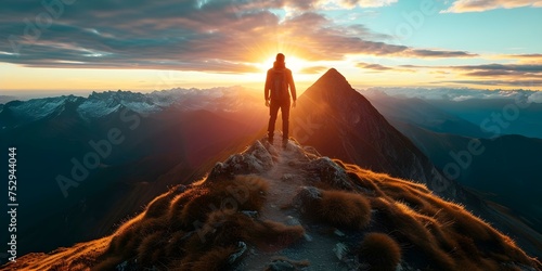 Hikers bask in the victorious glow atop a mountain peak savoring their feat. Concept Mountain Hiking, Summit Triumph, Outdoor Adventure, Victorious Feeling