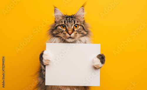 Happy cat holds a blank white sign mock-up on yellow background.	