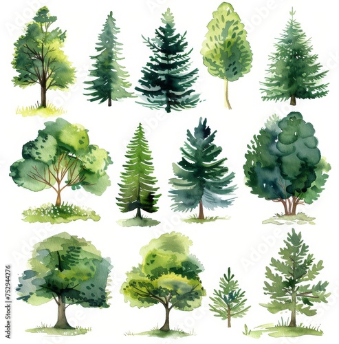 Watercolor painted various tree collection. An array of watercolor trees showcasing different species and styles  perfect for design or educational purposes  capturing the essence of flora