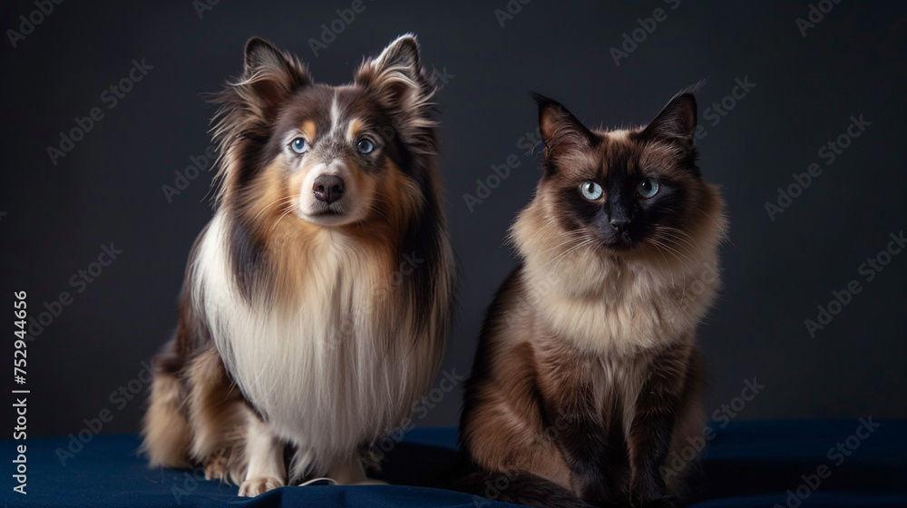 A loyal Shetland Sheepdog and a wise old Siamese cat sitting side by side on a deep navy blue surface.