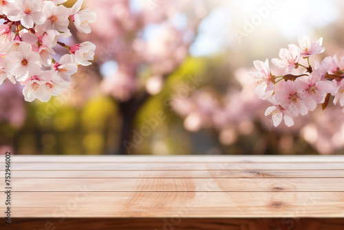 Product wooden background with flowering branches in spring out of focus