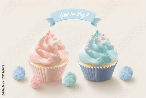 Gender party invitation - boy or girl  with pink and blue cupcakes. Cupcakes for a baby gender reveal party - girl or boy. Invitation to a children s party. Postcard  invitation