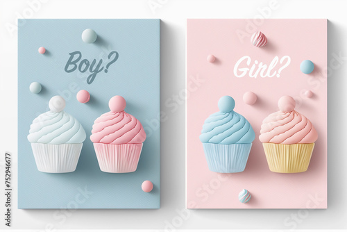 Cupcake muffin pink blue cream. Sweet food clipart. Hand drawn watercolor illustration isolated on white background. Gender reveal party  baby shower. For cafe menu pastry shop