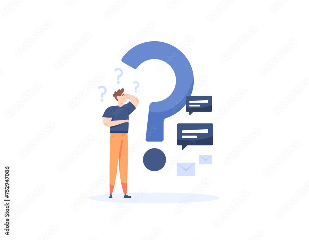 Illustration of a man confused with question mark symbols. Concept of Frequently asked questions or FAQs. QnA or questions and answers. Online Support Center. illustration concept design. graphic Illustration of a man confused with question mark symbols. Concept of Frequently asked questions or FAQs. QnA or questions and answers. Online Support Center. illustration concept design. graphic