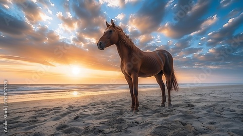brown horse standing proudly on top of a sandy beach under a dramatic sky painted with shades of blue and orange,
