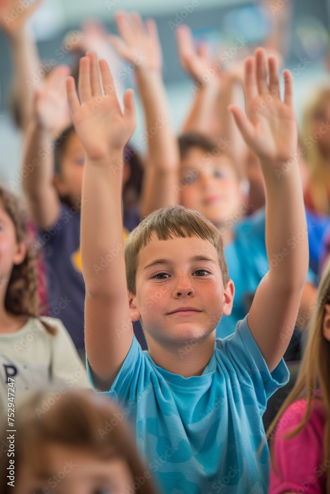 Fototapeta premium children at school raise their hands to answer