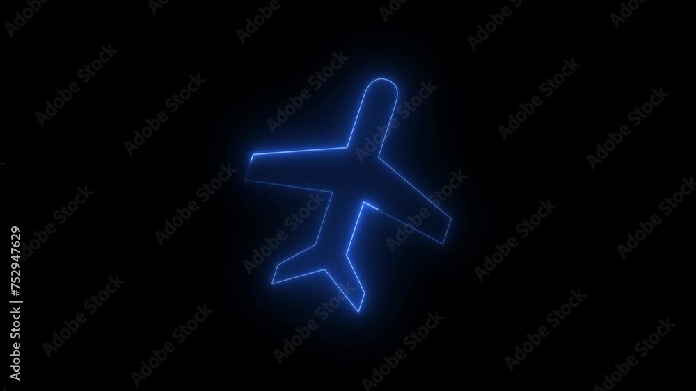Neon glowing blue aeroplane icon animation in black background Neon glowing blue aeroplane icon animation in black background